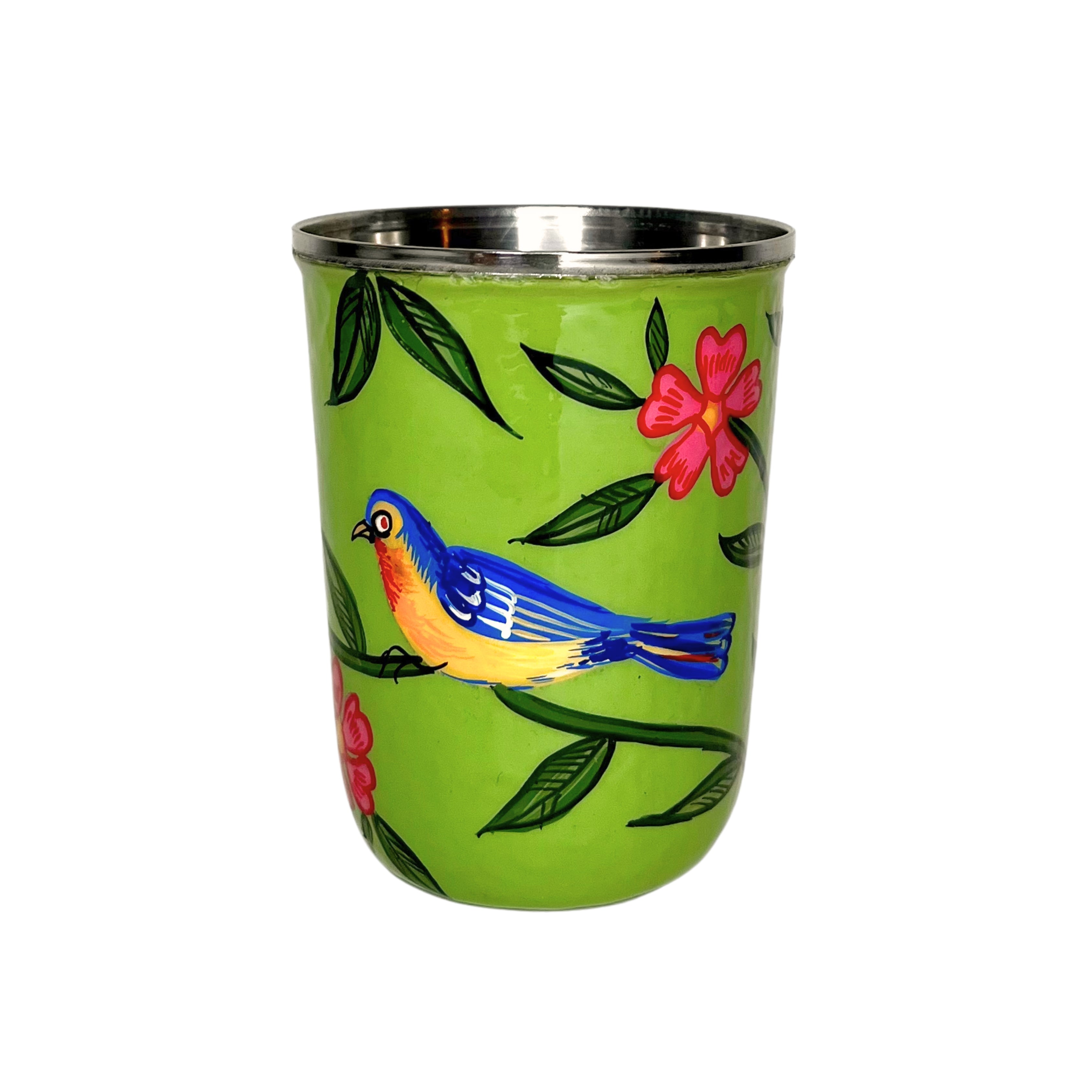 Green Handpainted Stainless Steel Drinking Glass Set 2, Nature