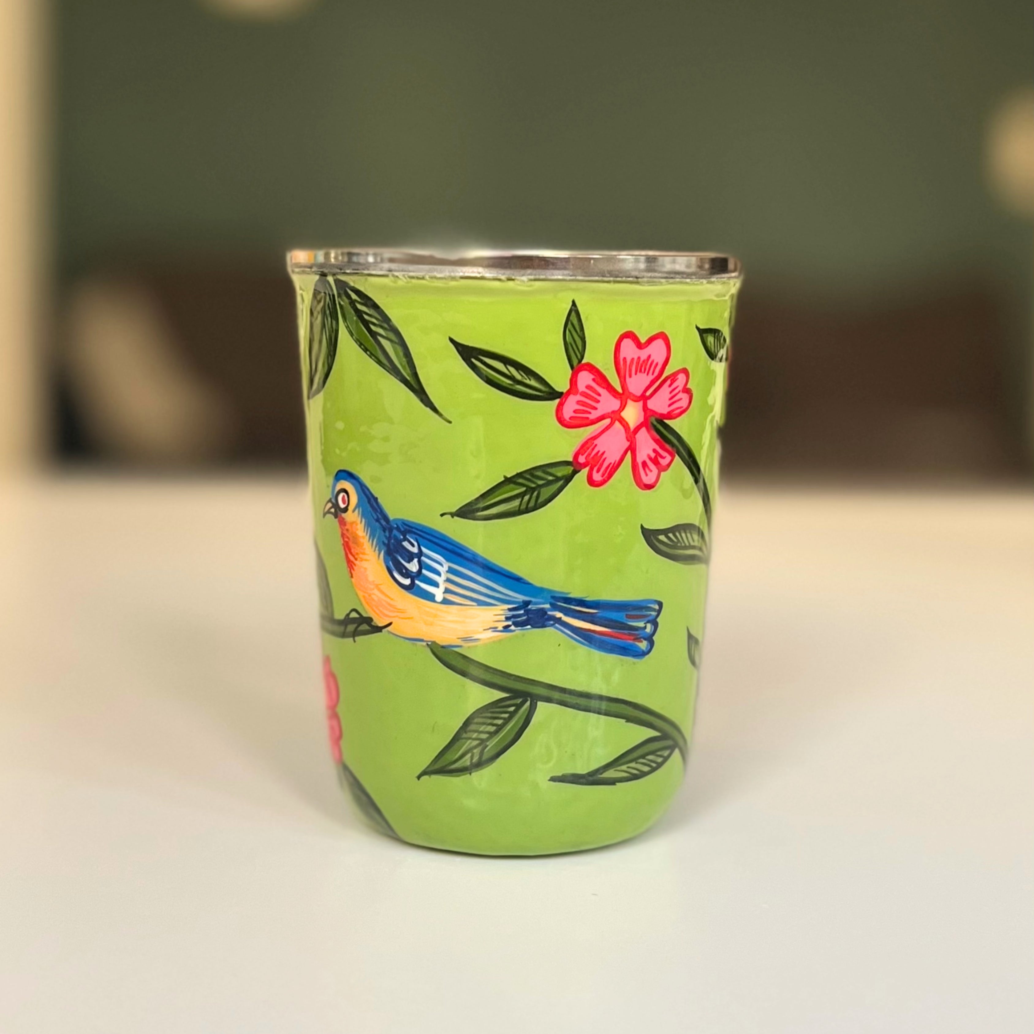 Green Handpainted Stainless Steel Drinking Glass Set 2, Nature