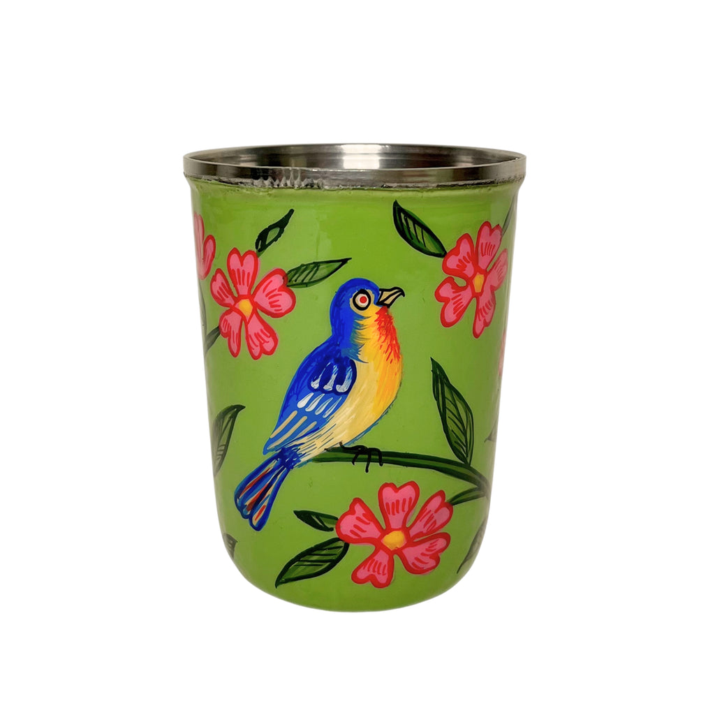 Green Handpainted Stainless Steel Drinking Glass Set 2, Nature