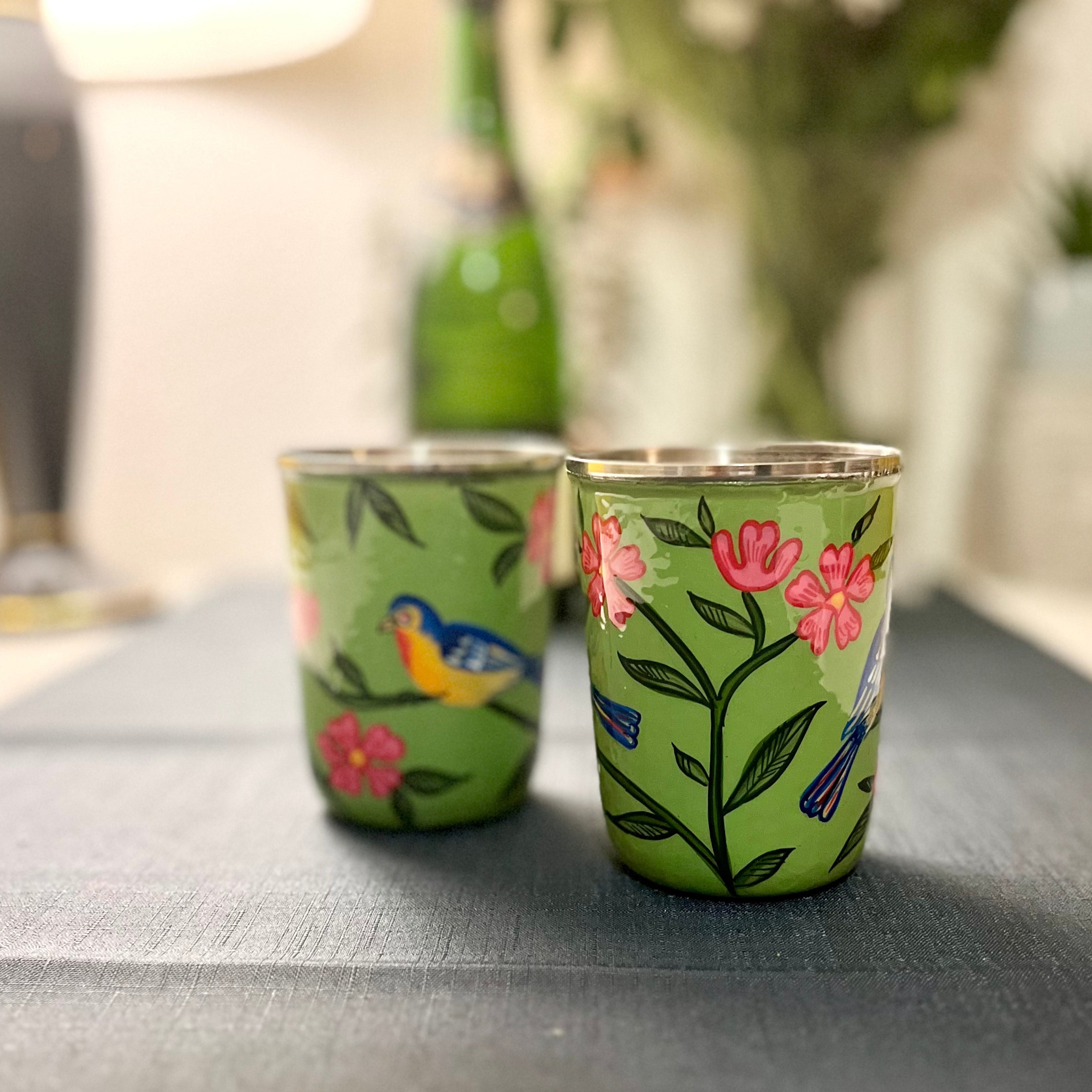 Green Handpainted Stainless Steel Drinking Glass Set 2, Nature