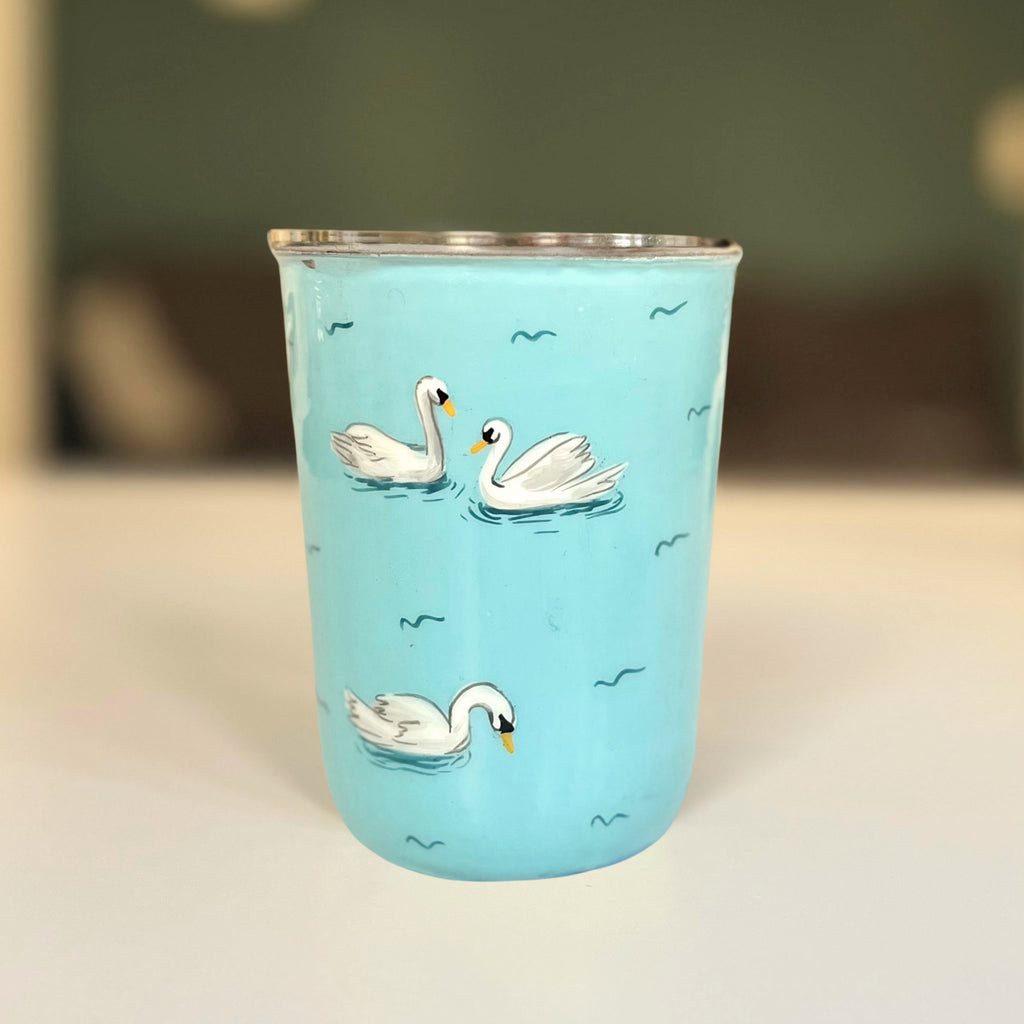 Blaues, handbemaltes Edelstahl-Gläserset, Schwan