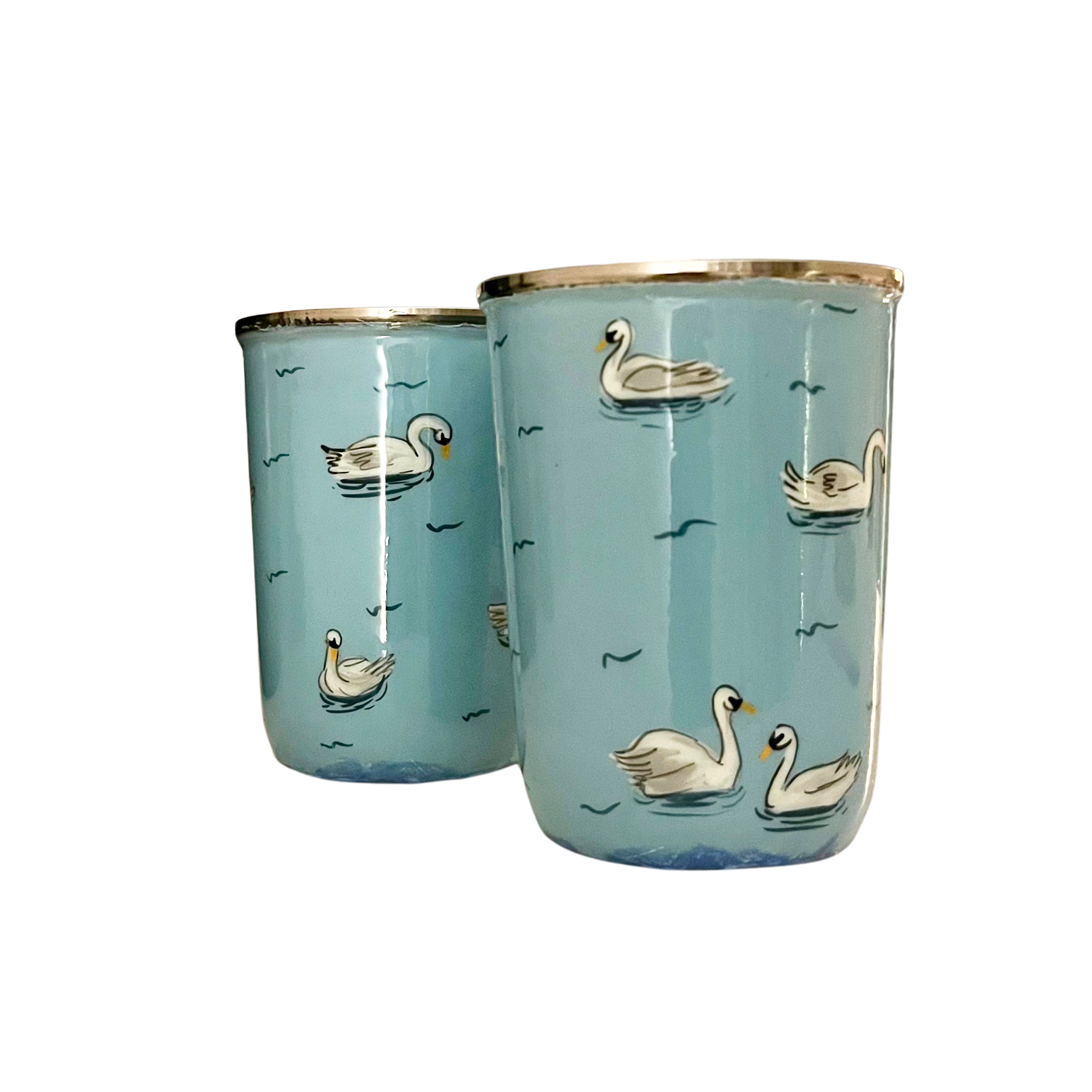 Blaues, handbemaltes Edelstahl-Gläserset, Schwan
