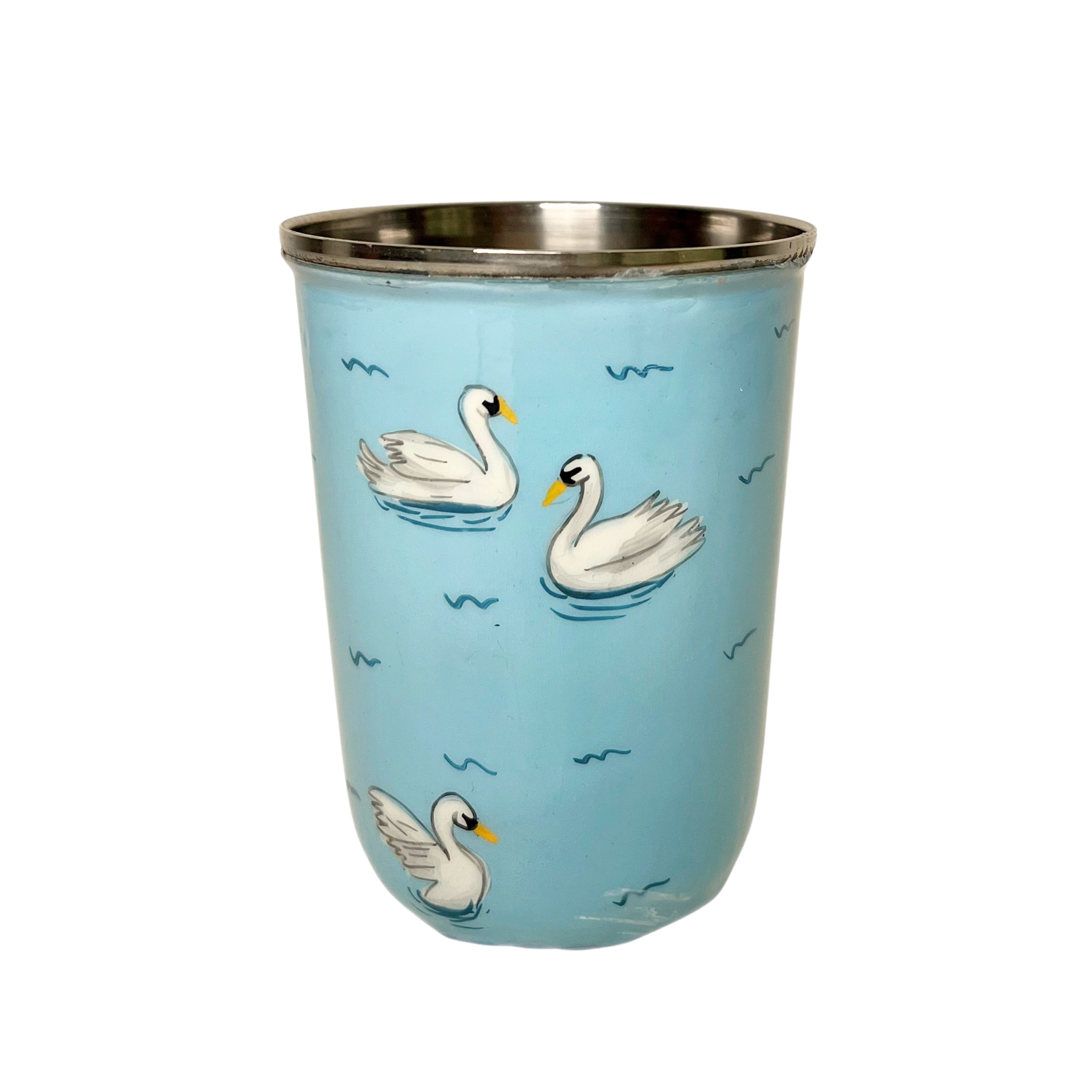 Blaues, handbemaltes Edelstahl-Gläserset, Schwan
